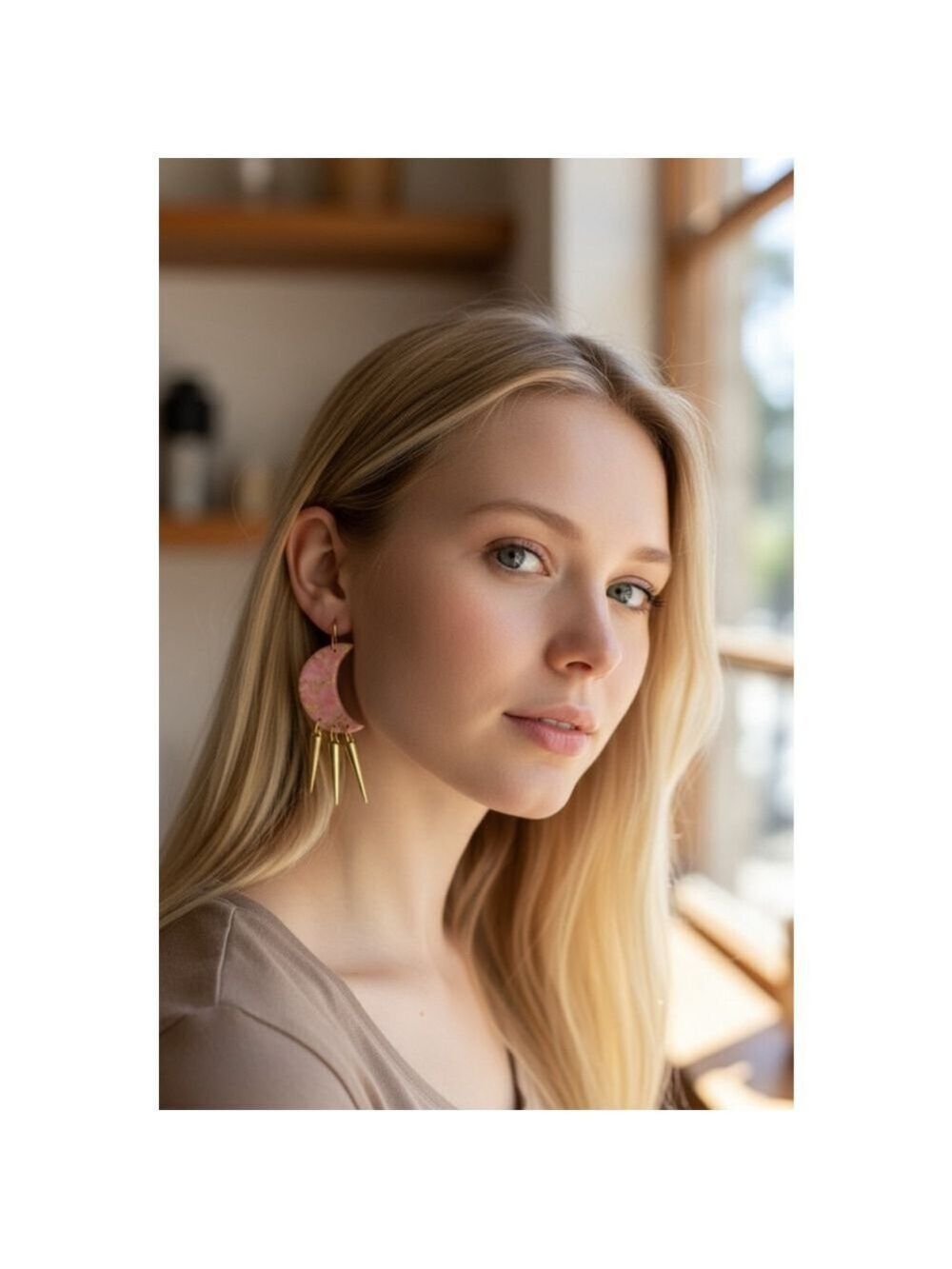 Pink Crescent Spike Dangle Earrings